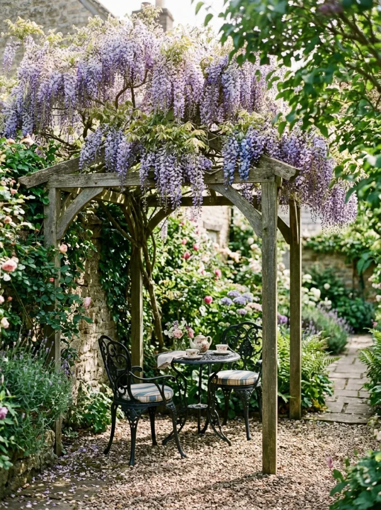 Corner pergola with wisteria and seating area in a garden