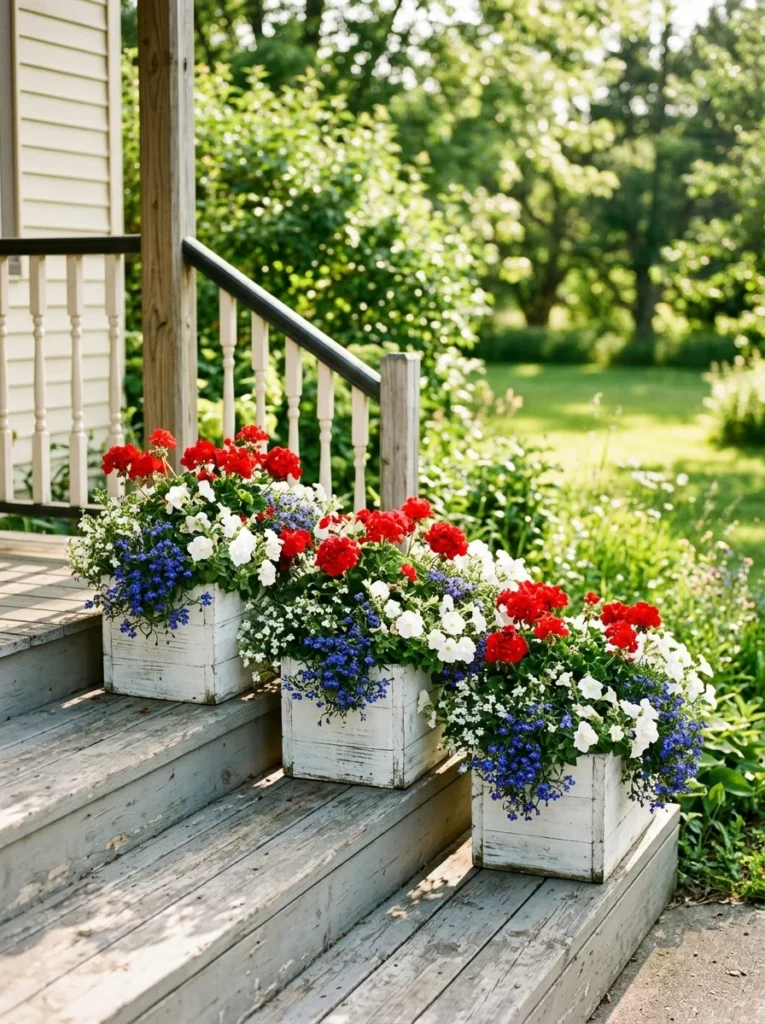 Red geraniums white petunias and blue lobelia in white planters