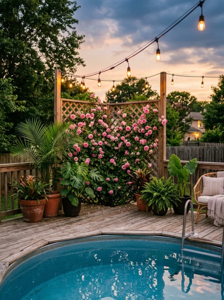 above ground pool privacy screen with climbing roses string lights and planters
