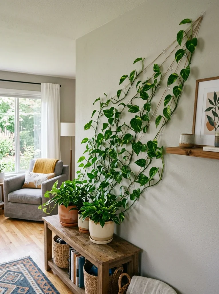 pothos trained on a wall with clips