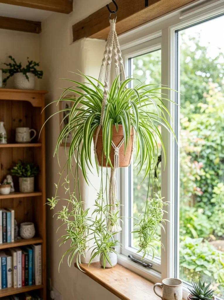 Spider plant hanging with baby plantlets — great beginner indoor plant  