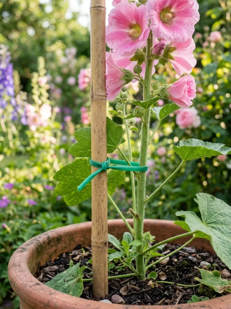 Hollyhock stems staked with bamboo supports and green ties in a large outdoor container