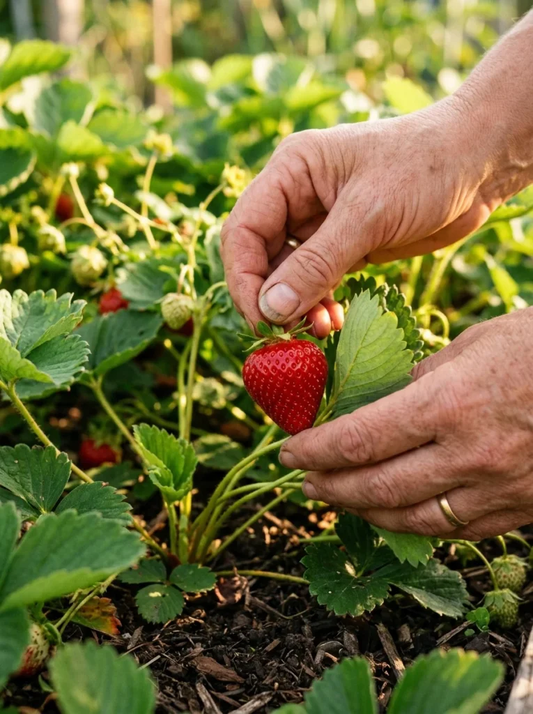 Harvesting ripe strawberries from home garden