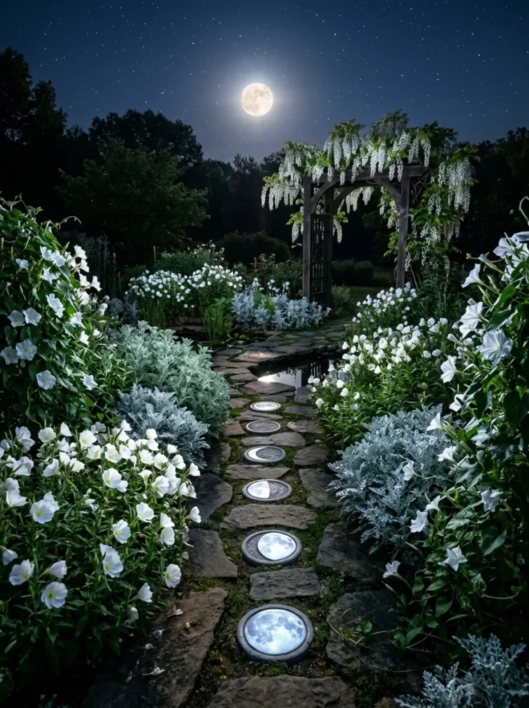 moon garden at night with glowing white flowers silver foliage and moon phase stepping stones