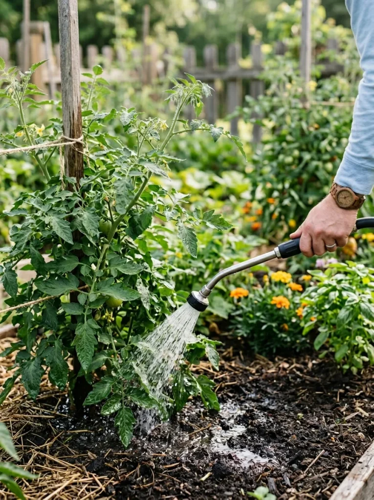 Watering tomato plants at the base of the stem