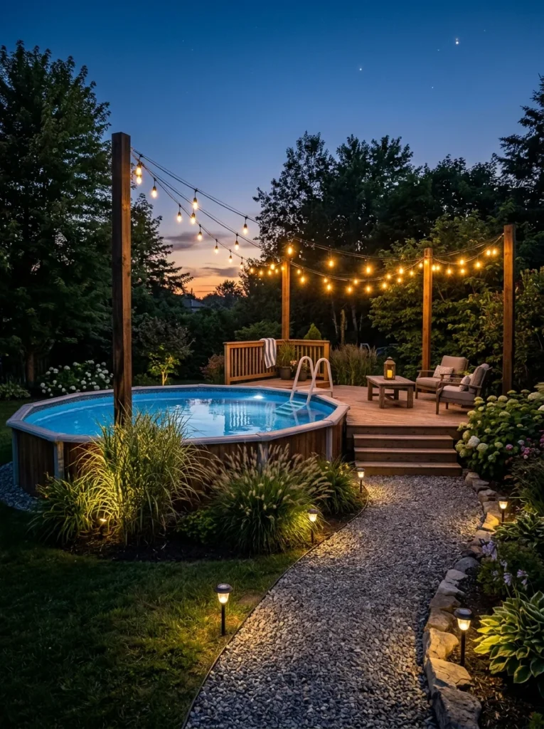 above ground pool evening lighting with string lights solar path lights and LED spotlights