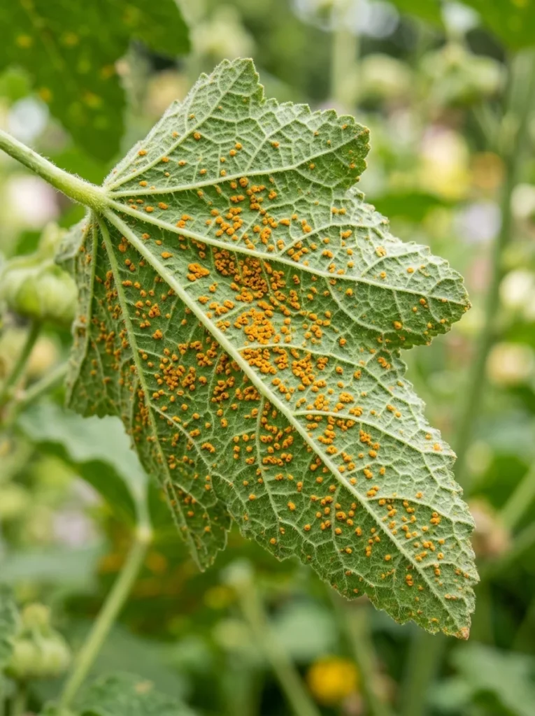 Hollyhock leaves showing orange rust fungal disease spots on the undersides