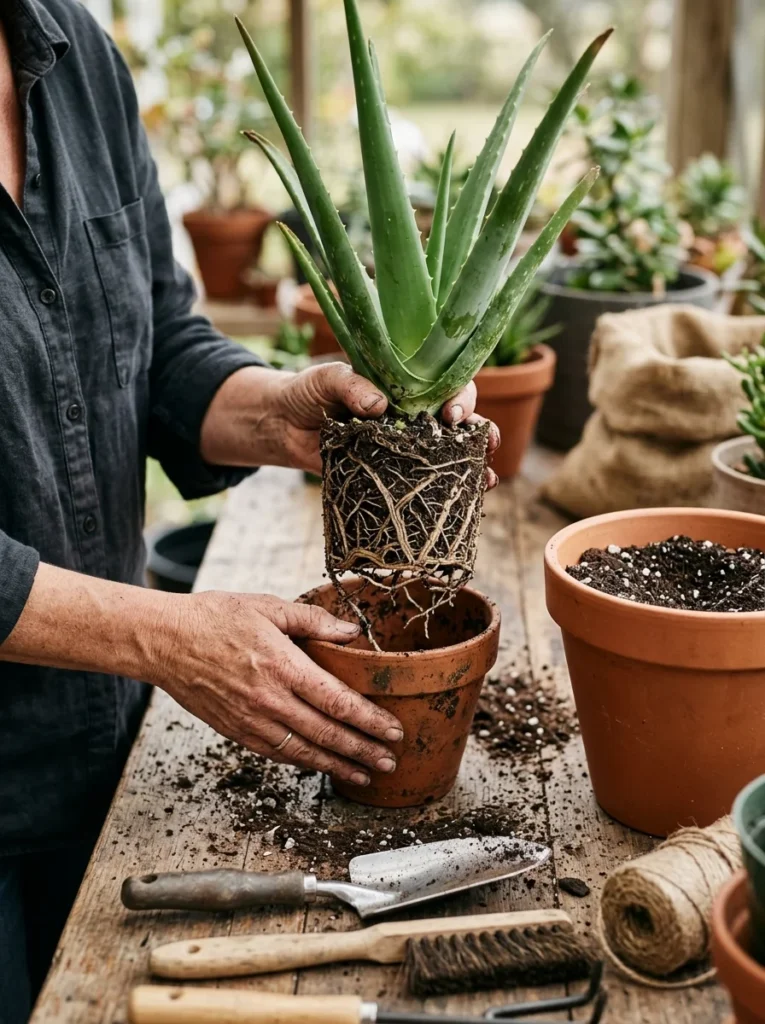 Repotting aloe vera plant showing healthy root system