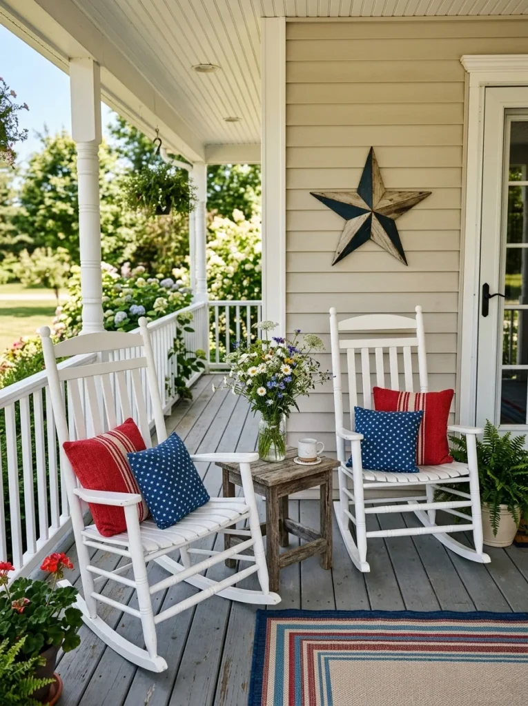 White rocking chairs with patriotic pillows on front porch
