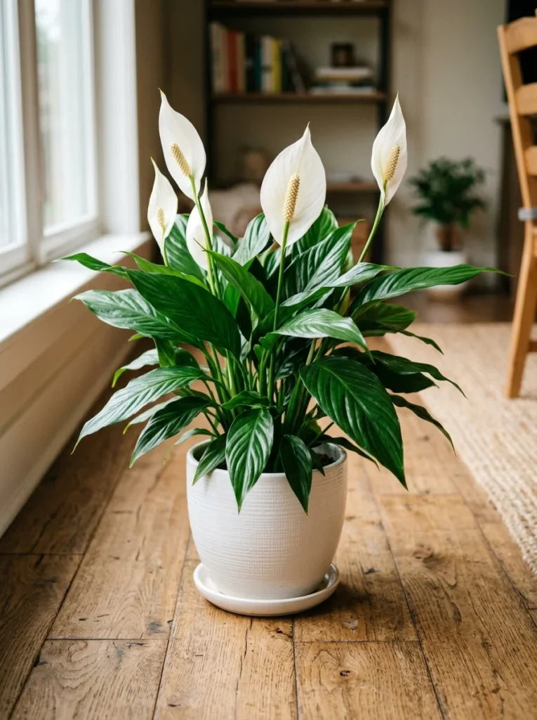 Blooming peace lily in a white pot — popular low-light beginner houseplant  