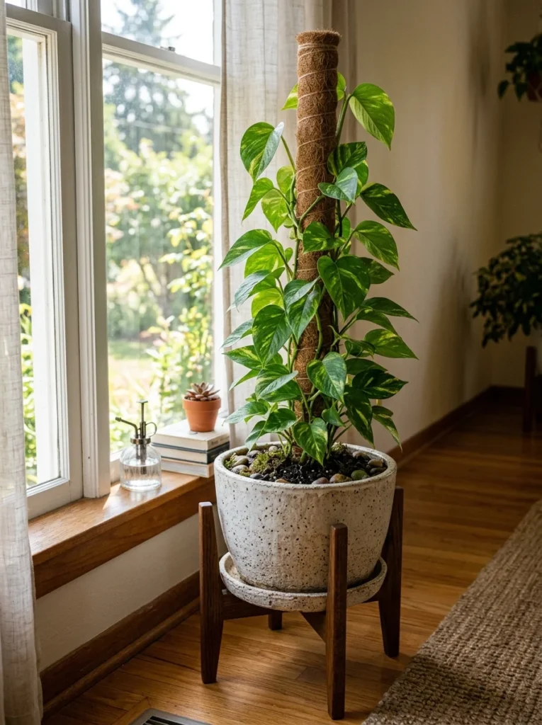 pothos climbing setup in decorative planter