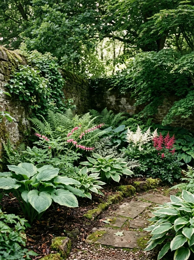 Shady corner garden with hostas and ferns