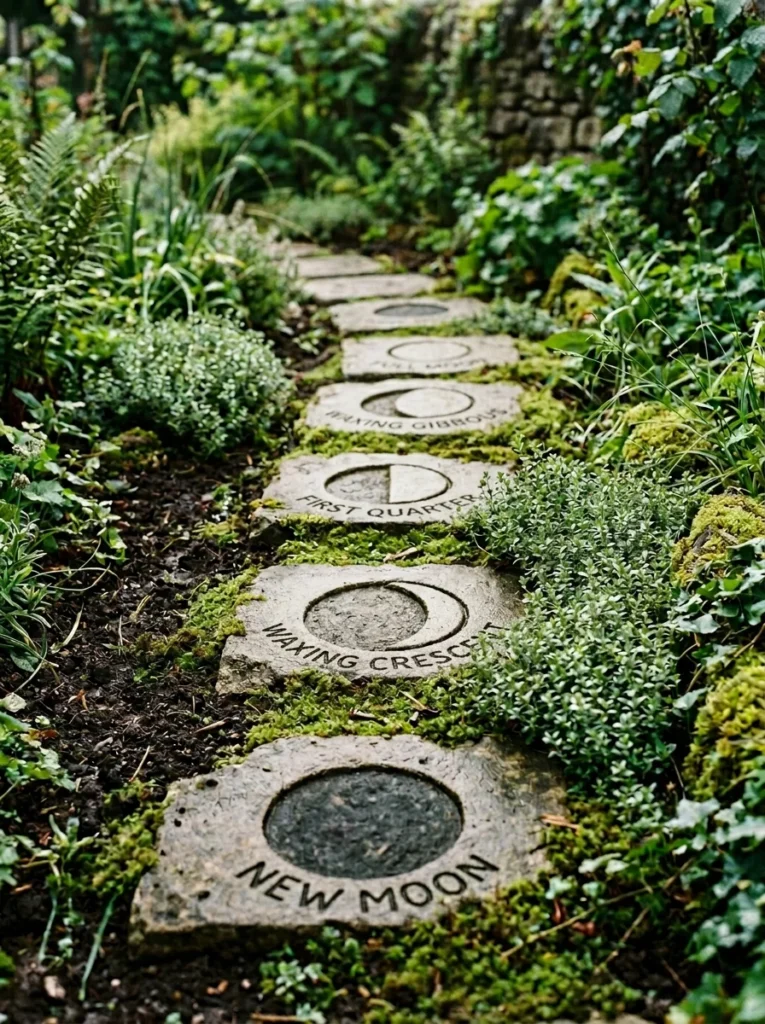 moon phase stepping stones carved with lunar cycle symbols on witchy garden path