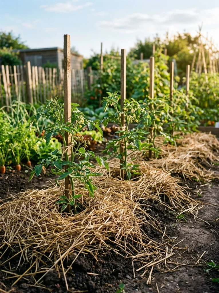 Straw mulch spread around tomato plants