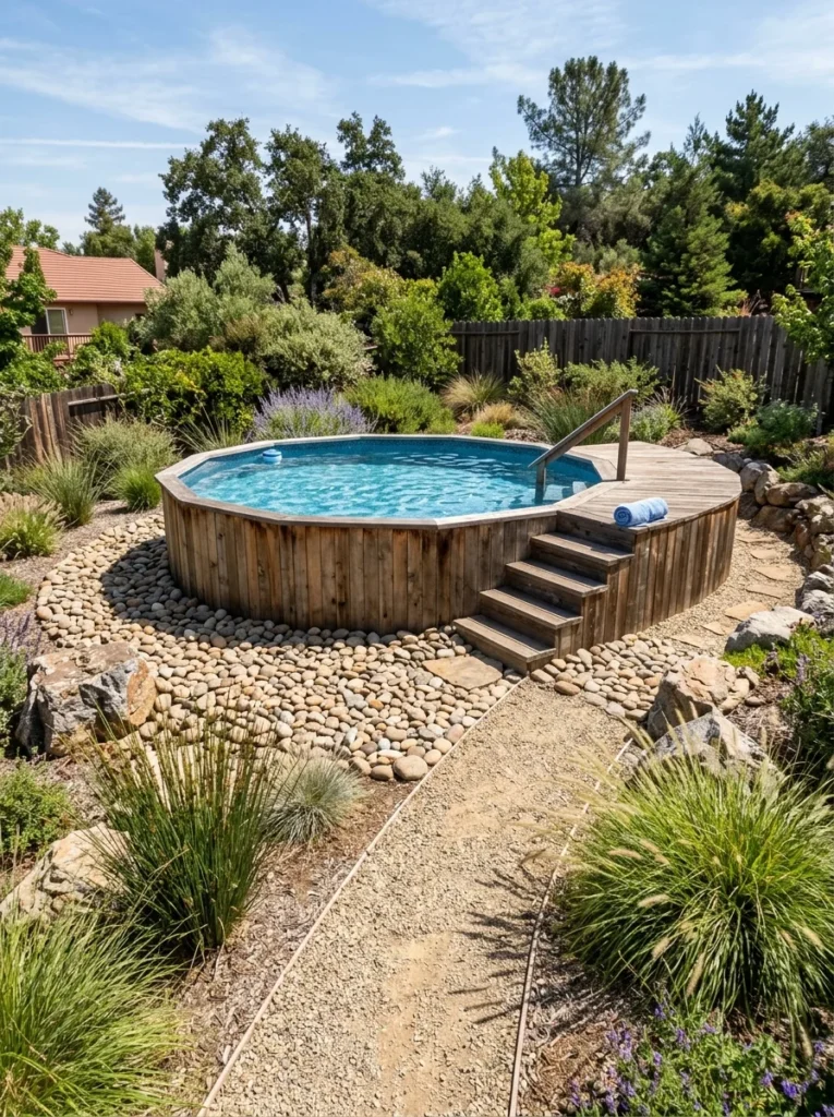 above ground pool rock landscaping with river rock border and decorative boulders