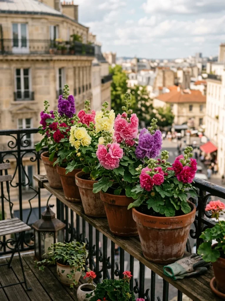 Dwarf hollyhock varieties with colorful double blooms growing in terracotta pots on a balcony