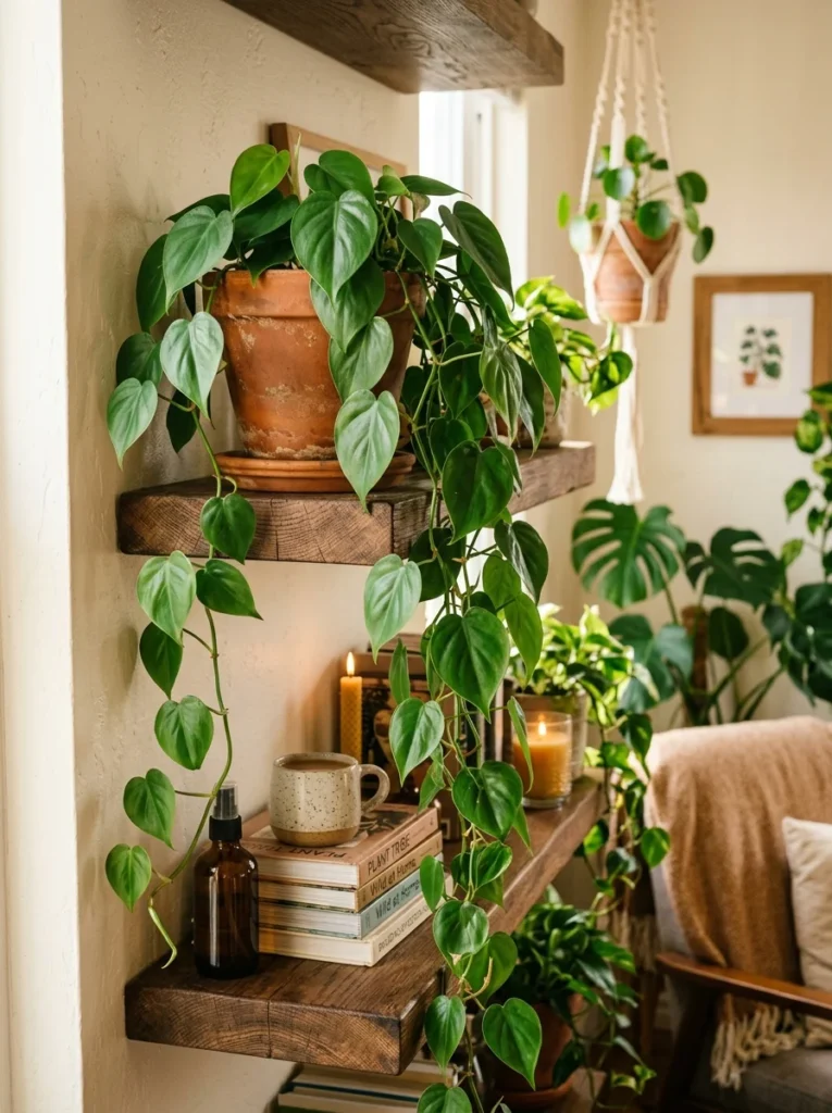 Trailing heartleaf philodendron on a shelf — easy beginner vining houseplant   