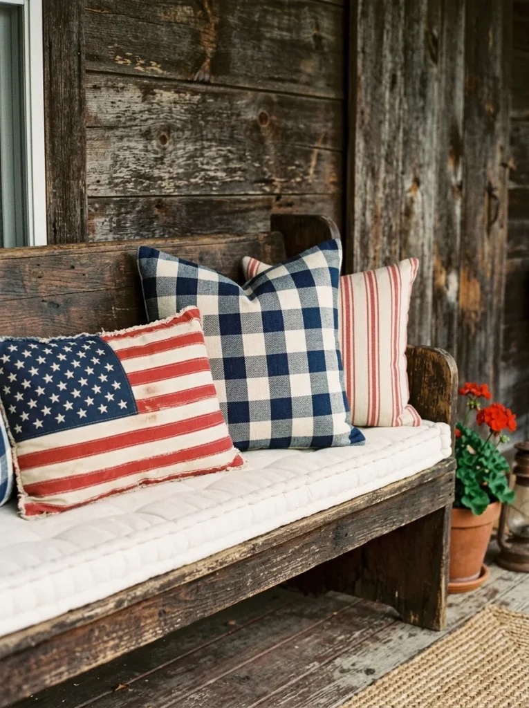 Patriotic throw pillows on porch bench in red white and blue