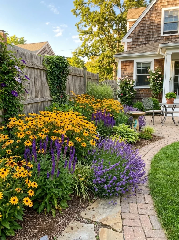 Sunny corner garden with black-eyed Susans and lavender
