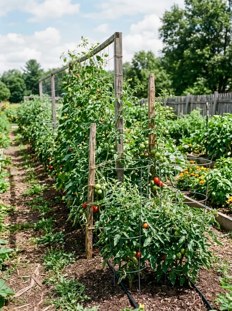 Tomato cages stakes and trellis supporting tomato plants