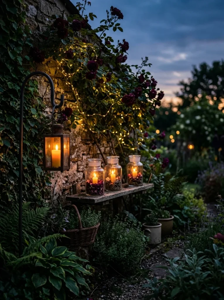 witchy garden lanterns iron shepherd hook and glass jar candle holders at dusk