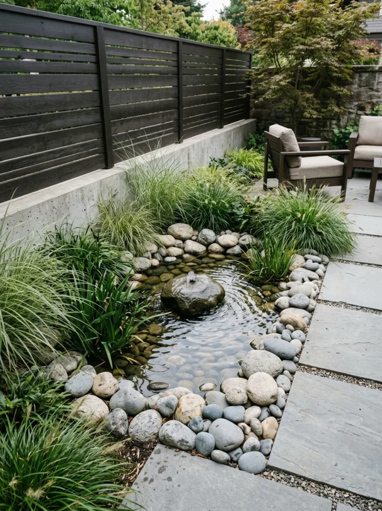 Corner garden water feature with small pond and ornamental grasses