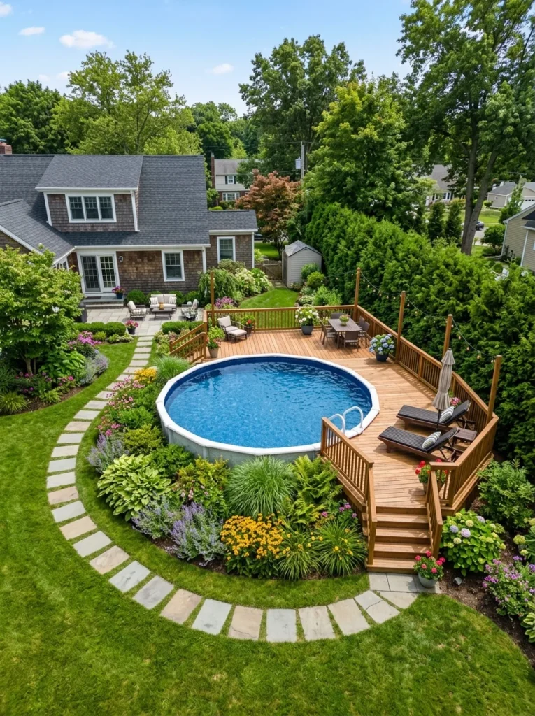 fully landscaped above ground pool with deck privacy hedges and planting beds aerial view