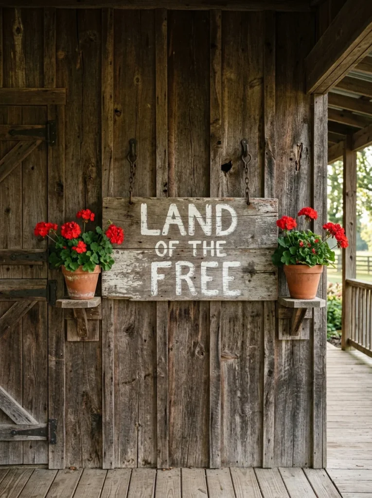 Rustic wood patriotic porch sign reading Land of the Free