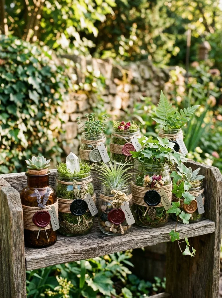 DIY spell jar planters with succulents air plants crystals and wax seals for witchy garden decor