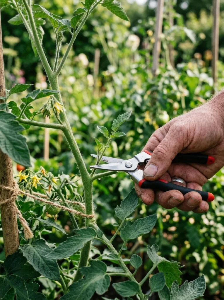 Pruning a sucker shoot from a tomato plant stem