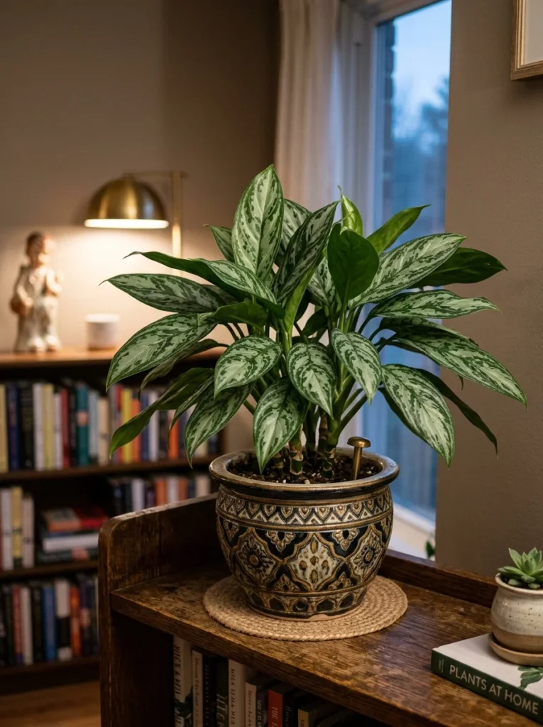 Chinese evergreen with patterned leaves in a ceramic pot — low-light beginner houseplant  