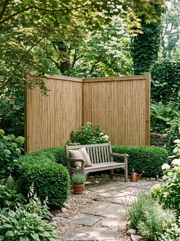 Corner privacy garden with bamboo screen and garden bench