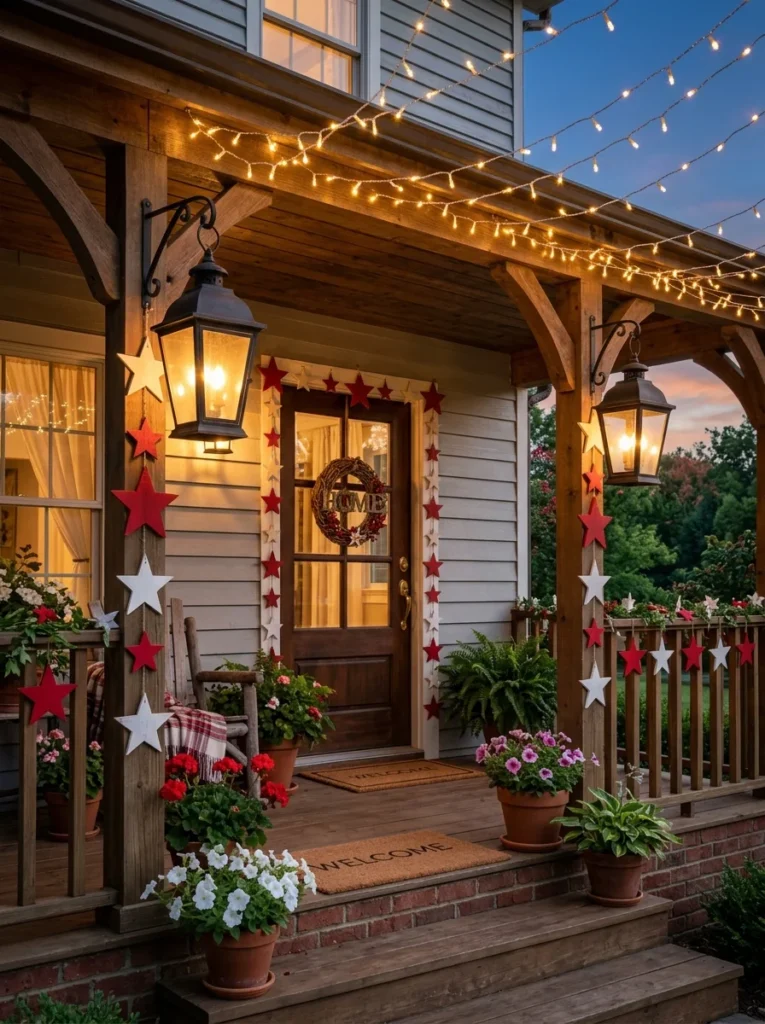 Black lanterns with patriotic stars on front porch at dusk