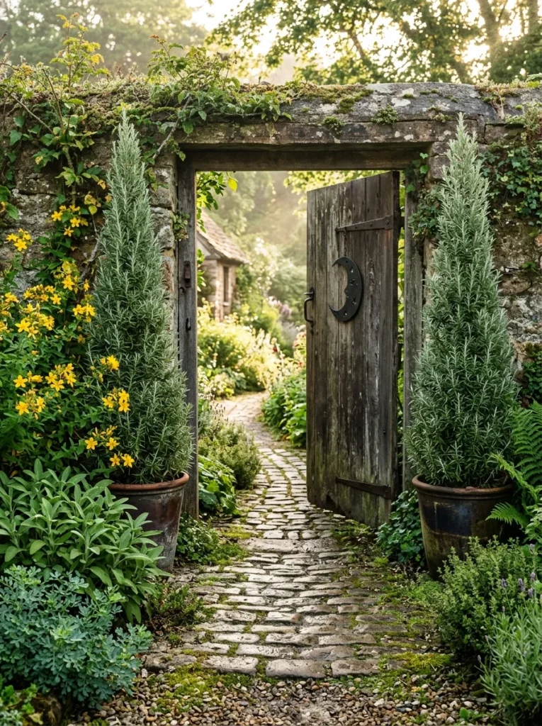 protective herb plants rosemary and sage flanking witchy garden entrance gate