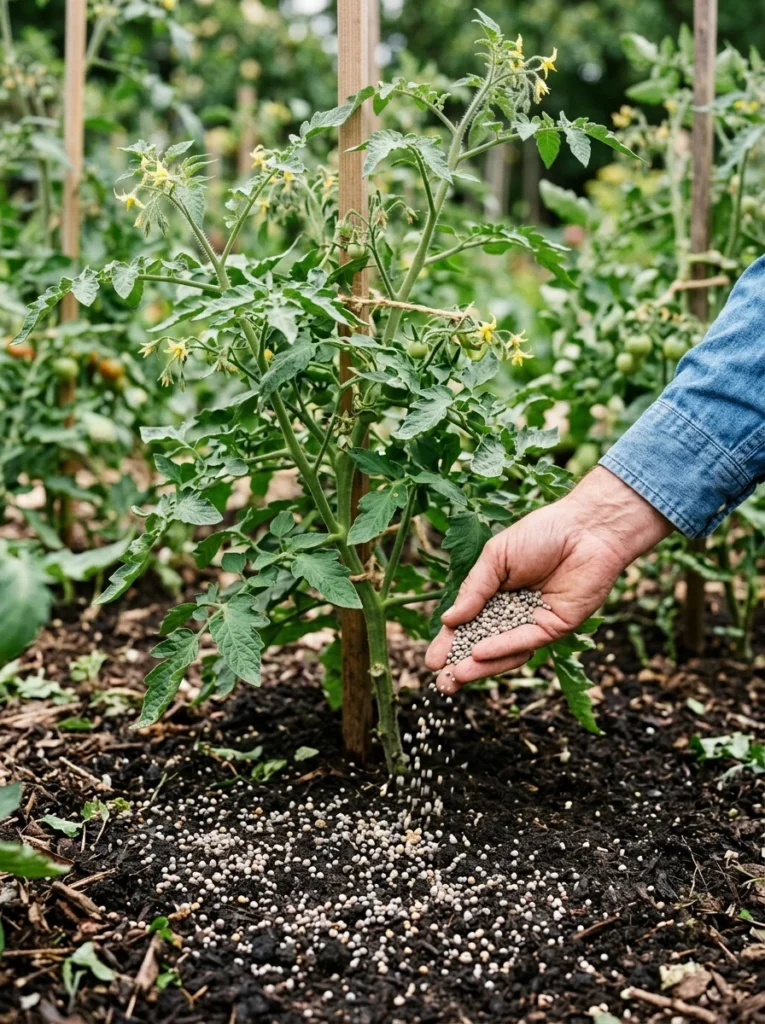 Fertilizing a tomato plant for healthy fruit growth