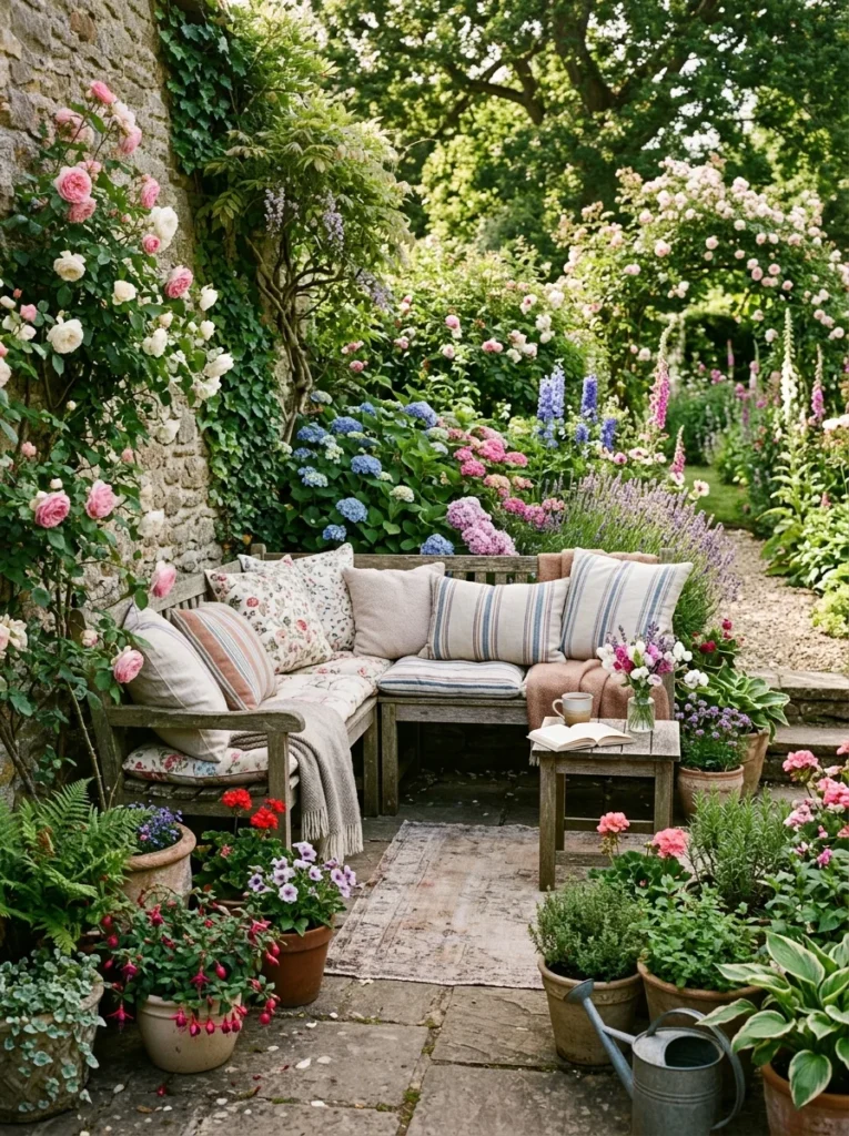 Corner garden seating nook with L-shaped bench and plants