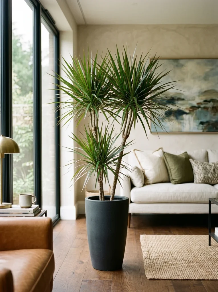 Dracaena marginata floor plant in a modern living room — low-maintenance beginner houseplant 