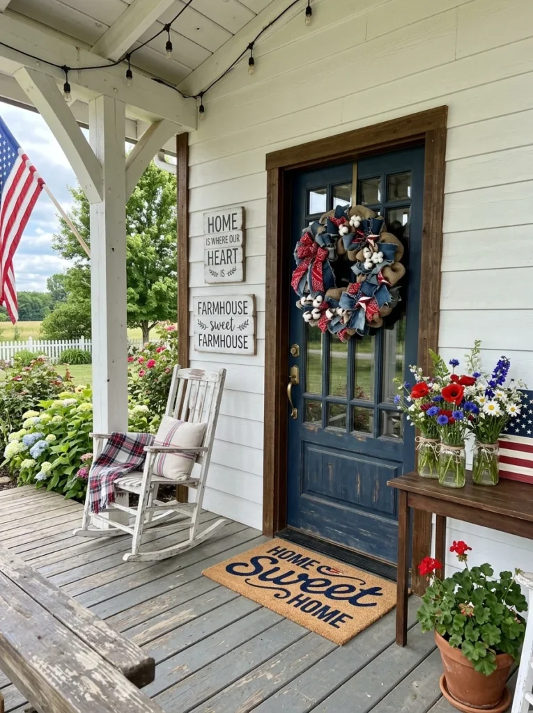 Farmhouse patriotic front porch with burlap mason jars and flags