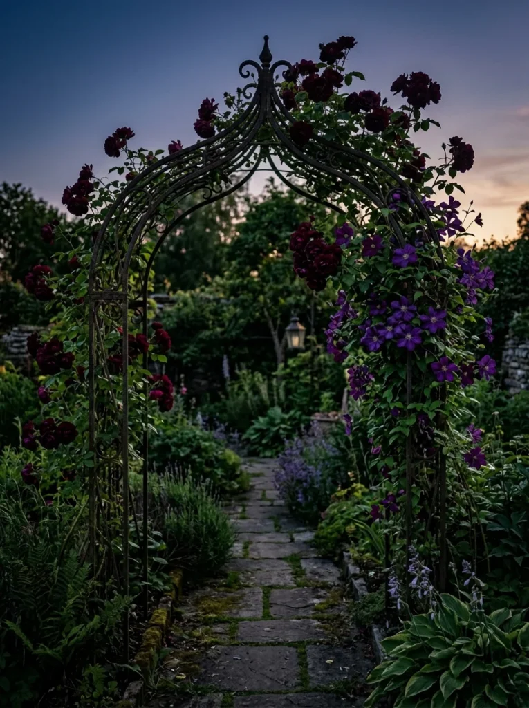 gothic garden climbing dark rose arch with purple clematis framing witchy garden path