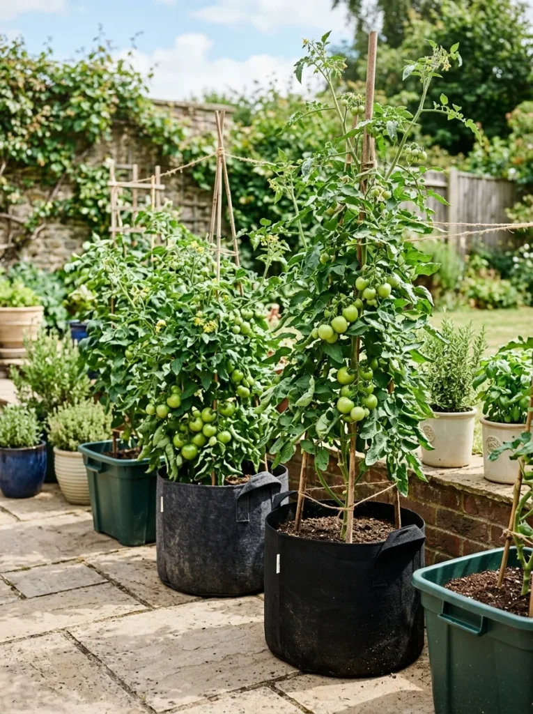 Tomato plants growing in containers on a patio