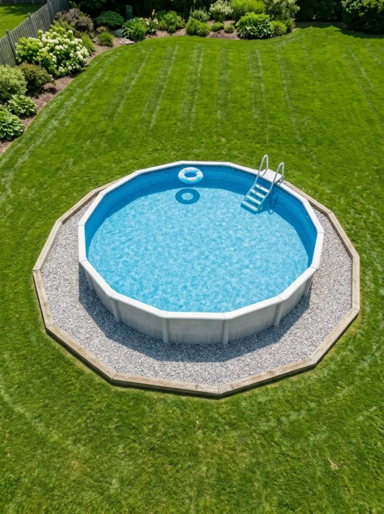 crushed stone gravel border around above ground pool with timber edging