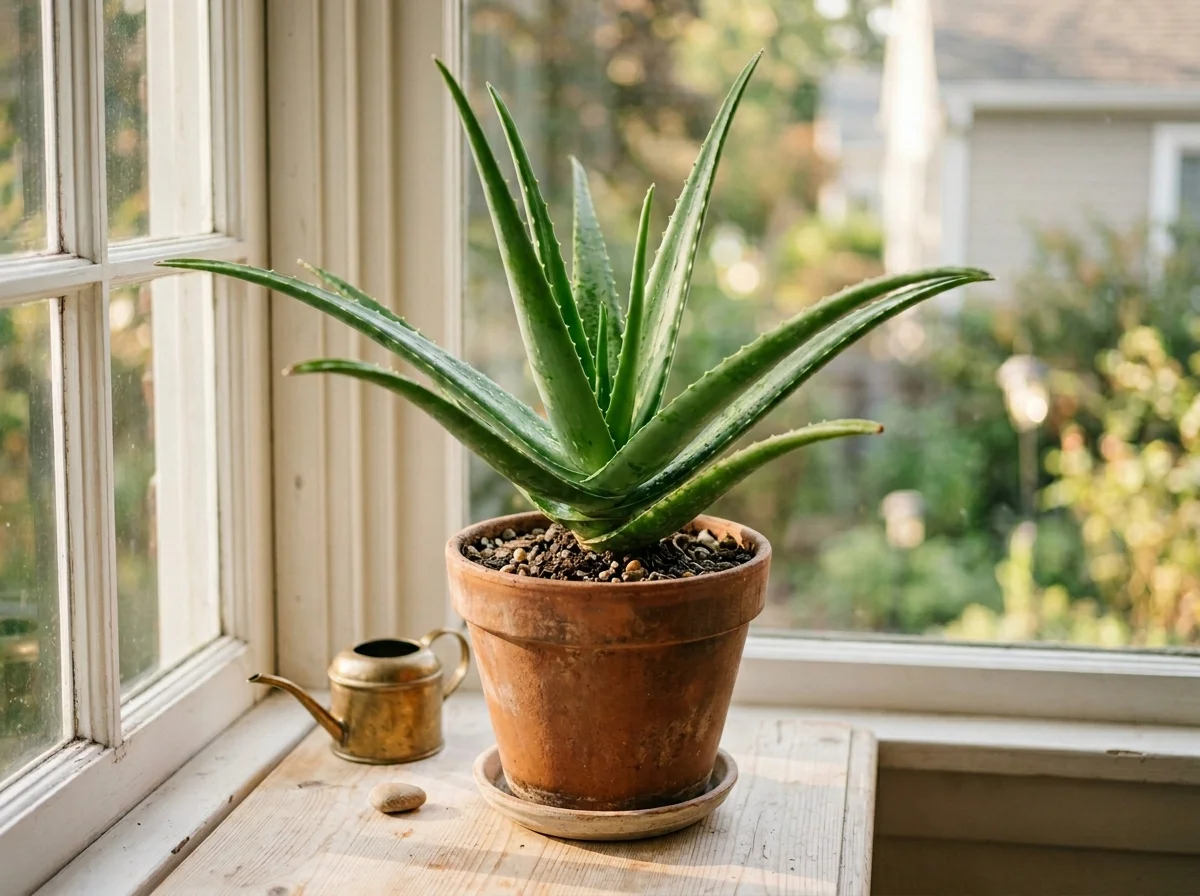 How to take care of my aloe vera plant — healthy aloe in terracotta pot on sunny windowsill