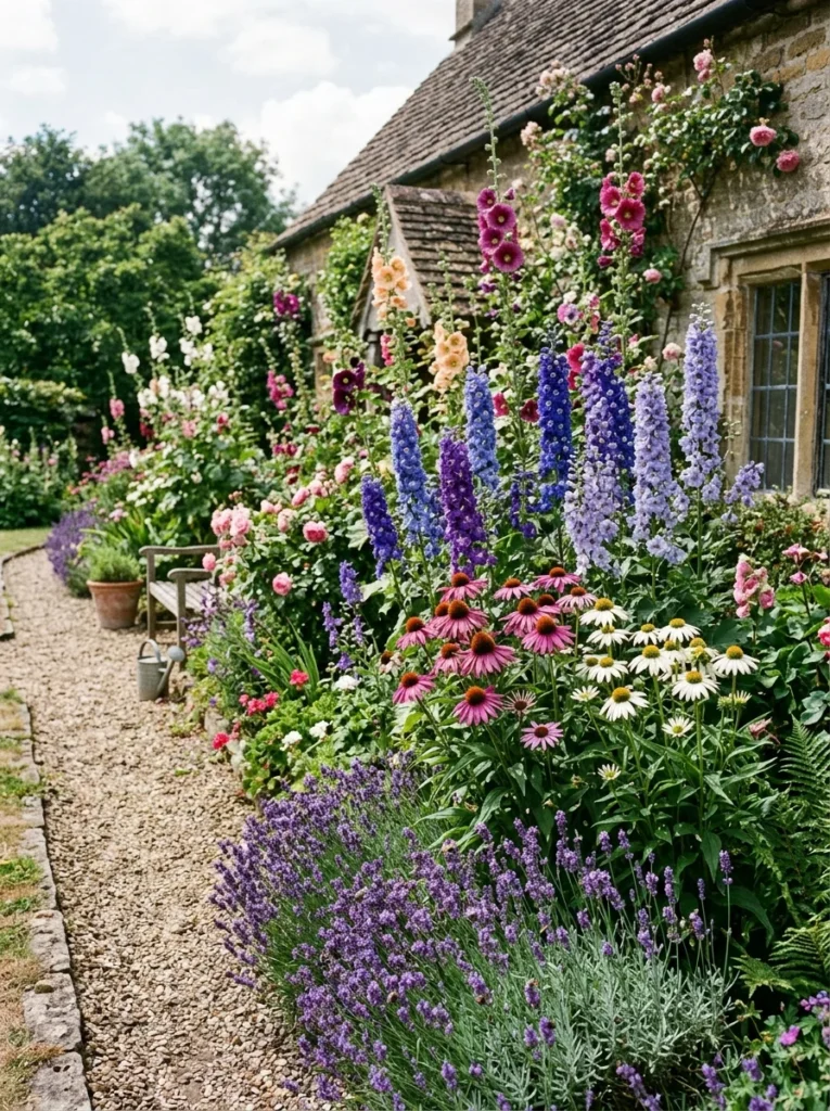 Hollyhocks growing alongside delphiniums, echinacea, and lavender in a cottage garden