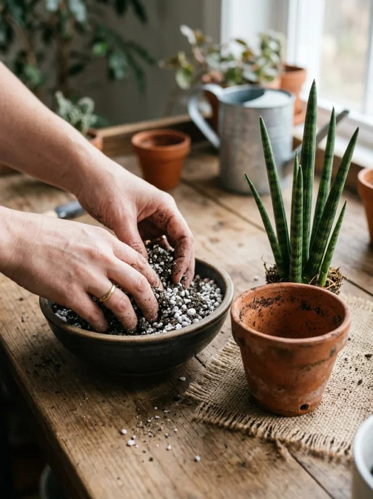 Mixing cactus soil and perlite for snake plant spiral training repotting
