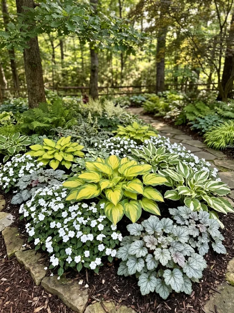 bright shade garden with variegated plants.