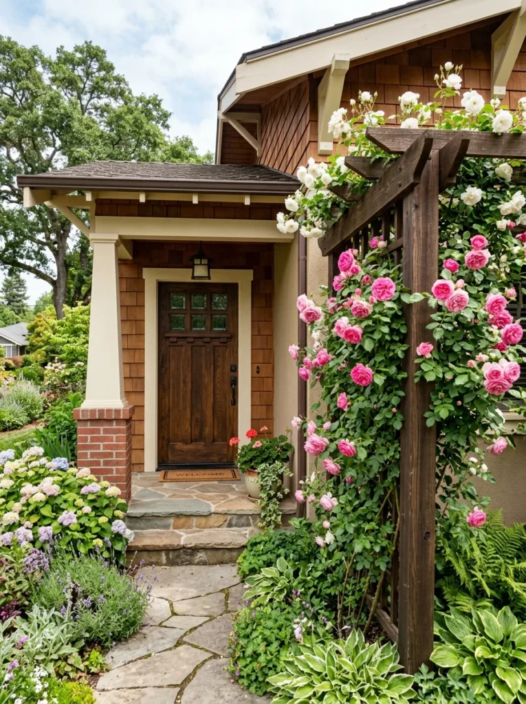 front entry trellis with climbing roses landscaping.    