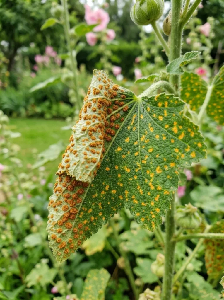 Hollyhock rust disease showing orange pustules on the underside of leaves