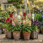 Large terracotta pots with tall pink and red hollyhocks growing on a sunny cottage garden patio