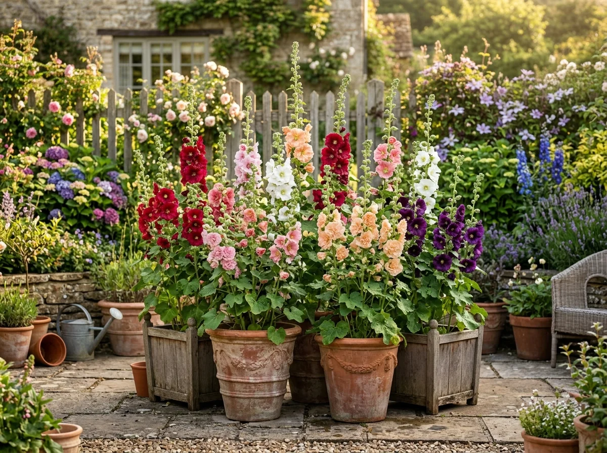 Large terracotta pots with tall pink and red hollyhocks growing on a sunny cottage garden patio