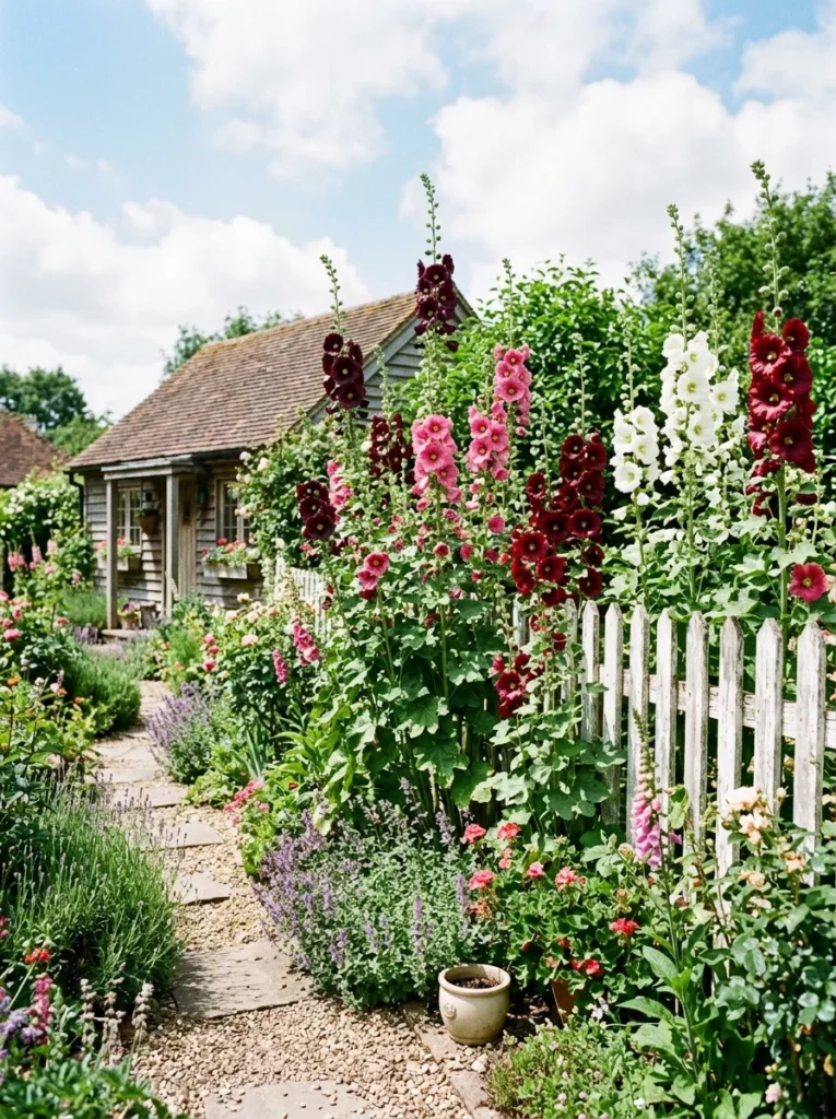  Tall hollyhocks in full bloom growing against a white picket fence in a cottage garden